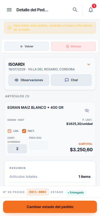 Detalle pedido mobile con barra de acciones y totales