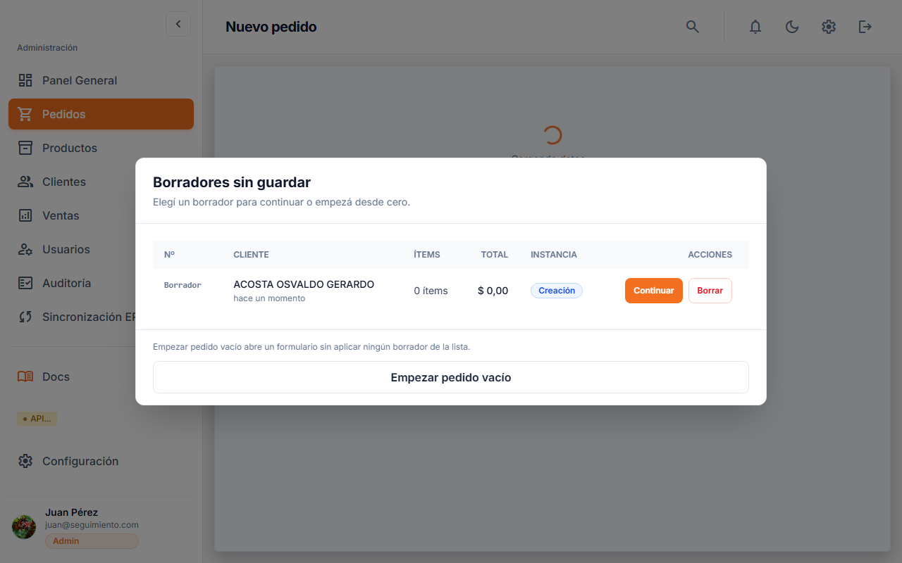 Popup de historial unificado con filas de creación y edición mezcladas, columnas Cliente, Ítems, Total e Instancia