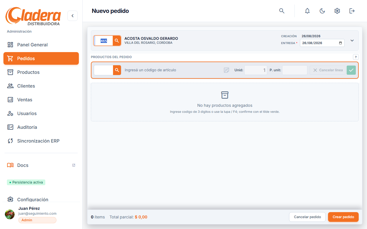 Formulario de crear pedido con cliente y productos restaurados desde un borrador