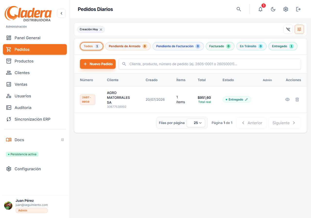Listado de pedidos con filtros por estado