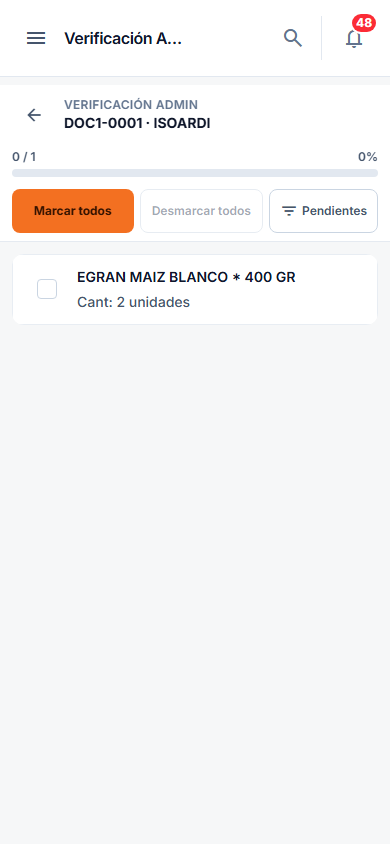 Pantalla de verificación admin en celular